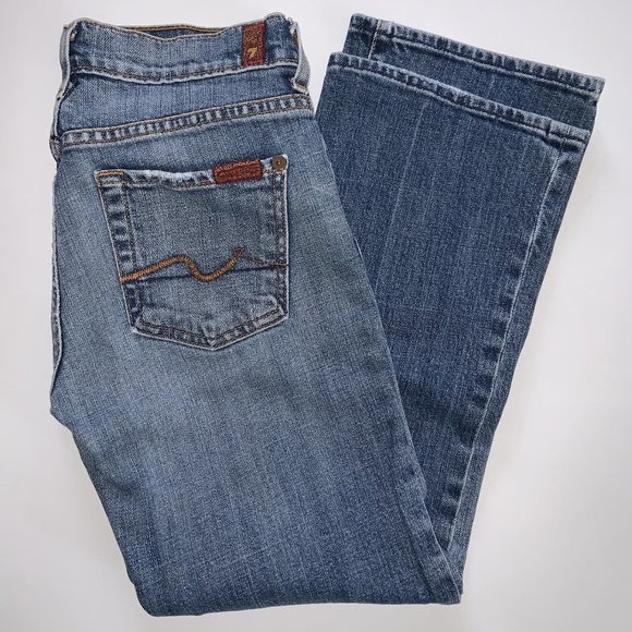 7 FOR ALL MANKIND SIZE 25x25 "CROPPED" LENGTH BOOTCUT BLUE JEANS MADE IN USA - Picture 5 of 6